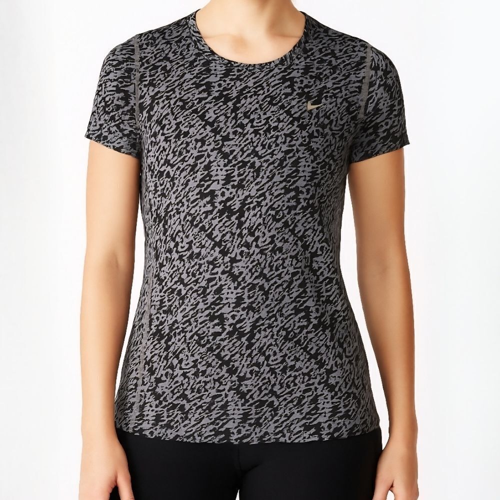 Nike Women's Dri-FIT Running Black Gray Print Short Sleeve Top